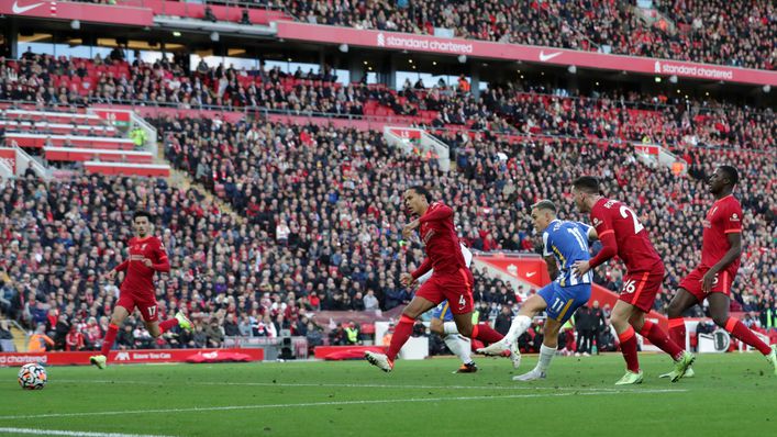 Leandro Trossard nets the equaliser for Brighton at Liverpool