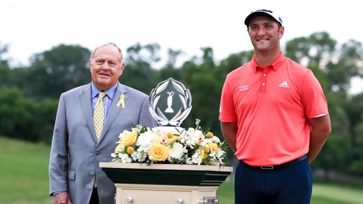 Jack Nicklaus (left) presented Jon Rahm with the 2020 Memorial Tournament trophy last year