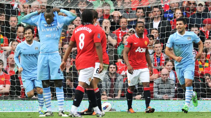Mario Balotelli soaked in the atmosphere after opening the scoring in Manchester City's 6-1 win at Old Trafford
