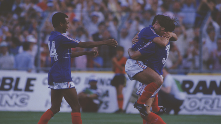 French players celebrate after beating Portugal to reach the final of the 1984 European Championships