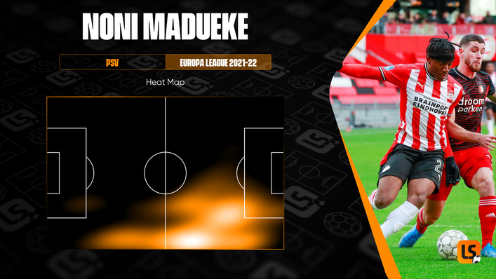 Noni Madueke's heat map in the Europa League shows he likes to cut in from the right
