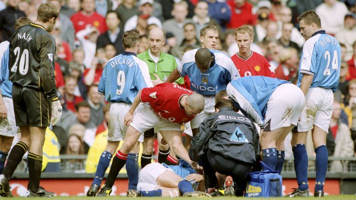 Manchester United midfielder Roy Keane was sent off for a horror tackle on Alf-Inge Haaland