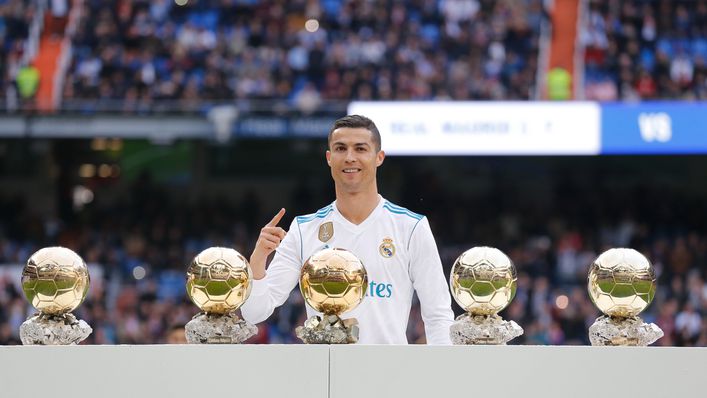 Cristiano Ronaldo poses with his five Ballon d'Or trophies