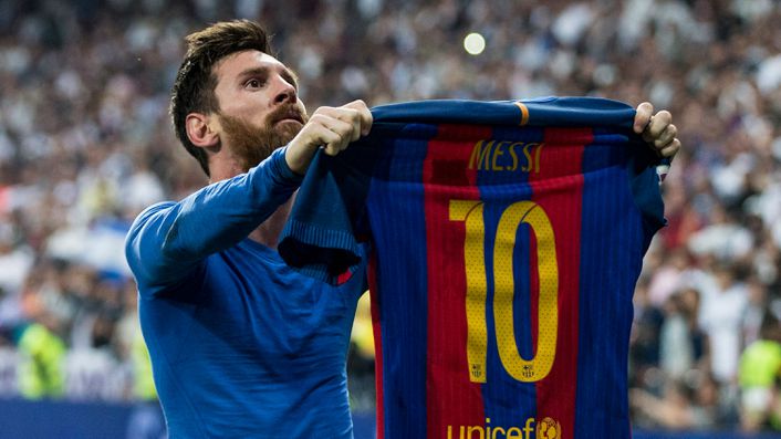 The now iconic image of Lionel Messi celebrating his 500th Barcelona goal