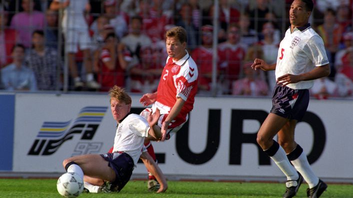 Stuart Pearce tackles Denmark's John Sivebaek during their European Championship clash