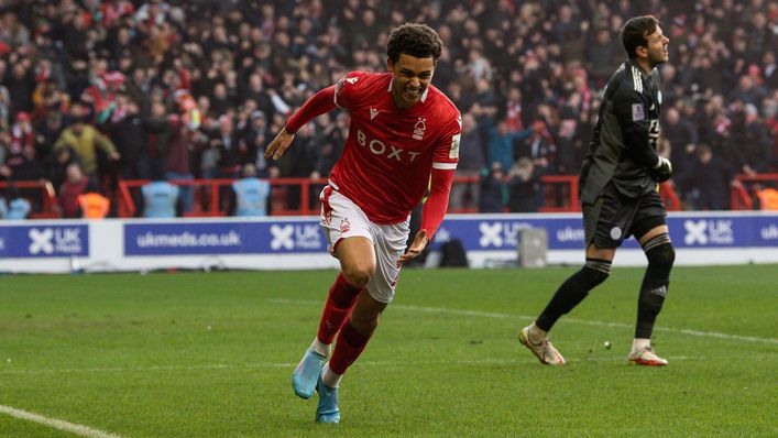 Brennan Johnson wheels away in delight after doubling Nottingham Forest's lead against Leicester