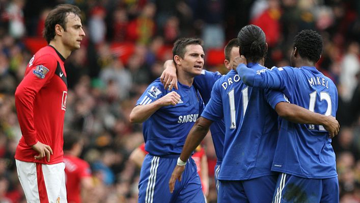 Chelsea celebrate after Didier Drogba's goal earned a huge 2-1 win at Manchester United