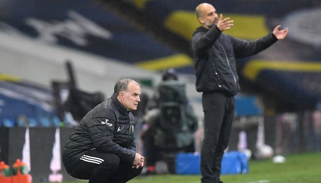 Marcelo Bielsa (left) and Pep Guardiola (right) well go head-to-head for the second time this season