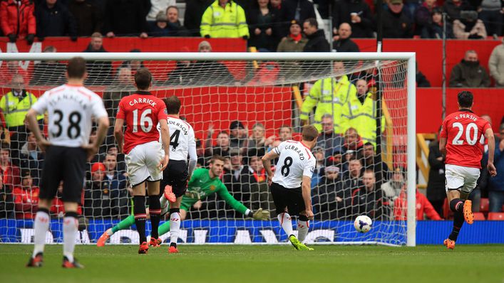 Steven Gerrard twice found the net from the spot at Old Trafford in 2014