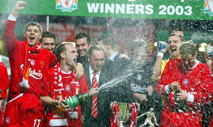 Steven Gerrard (left) scored the first goal of the game as Liverpool beat Manchester United in the 2003 League Cup final