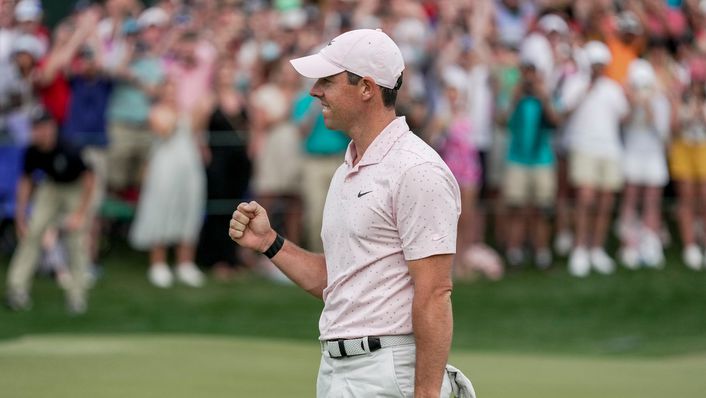 Rory McIlroy celebrates after his winning putt at the Wells Fargo Championship