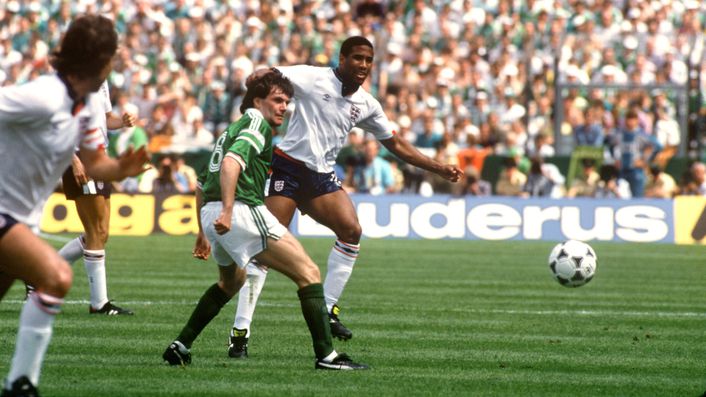 John Barnes and Republic of Ireland goalscorer Ray Houghton battle for possession in their Euro 88 encounter