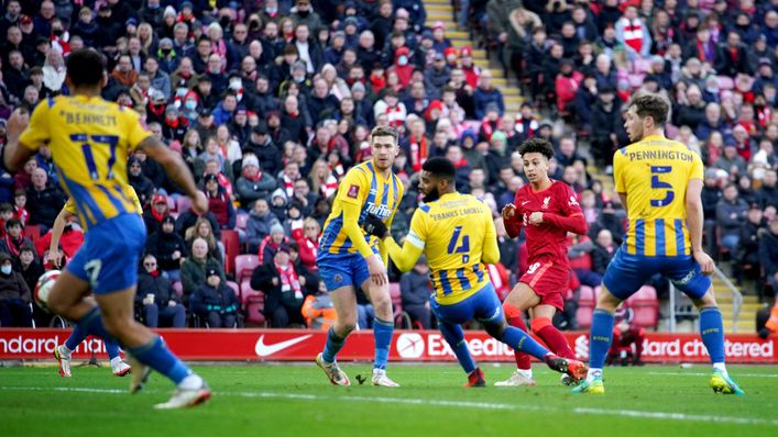 Kaide Gordon coolly slotted home Liverpool's equaliser against League One Shrewsbury