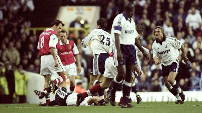 Tempers flared at White Hart Lane in 1999 after Freddie Ljungberg received a red card for an altercation with Justin Edinburgh