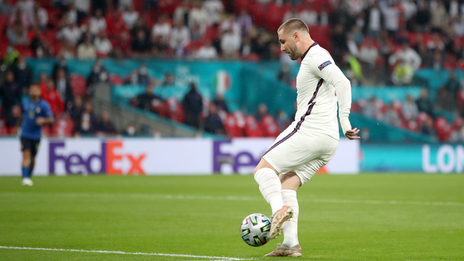 Luke Shaw drills home the opener – his first England goal, and the fastest in European Championship final history