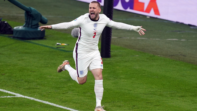 England hero Luke Shaw wheels away after opening the scoring at Wembley
