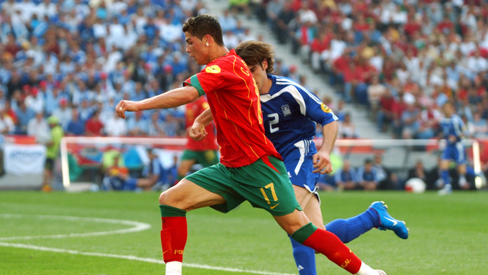 A young Cristiano Ronaldo tries to find a way back into the game for Portugal