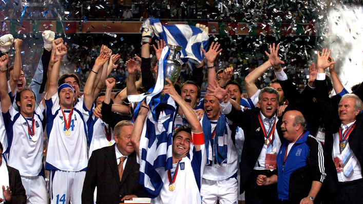 Greece celebrate their shock win over Portugal in the final