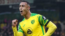 Adam Idah celebrates Norwich's second goal against Everton