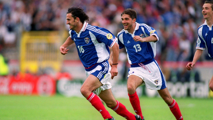 Dejan Govedarica celebrates after putting Yugoslavia in front for the second time