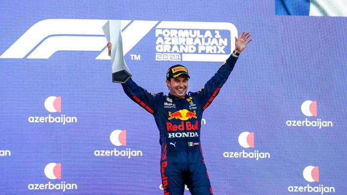 Sergio Perez celebrates his first victory for Red Bull at the Azerbaijan Grand Prix
