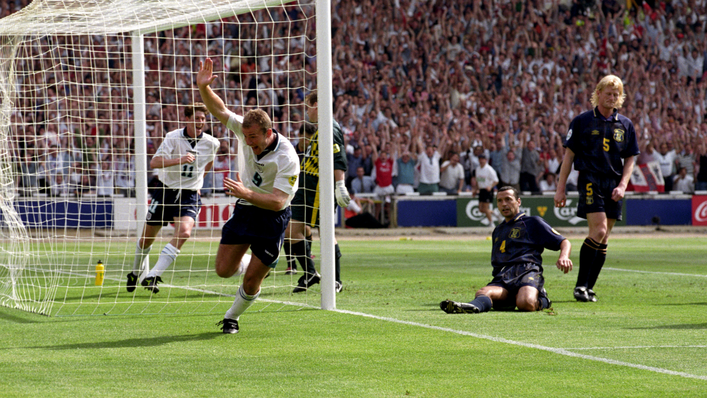 Alan Shearer wheels away after heading England in front against Scotland