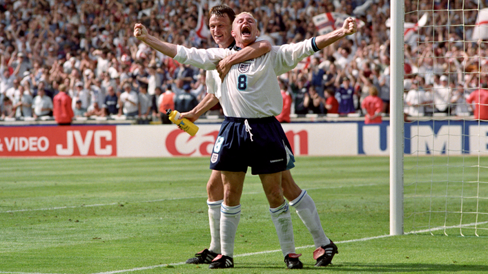 Paul Gascoigne revels in his moment after doubling England's lead at Wembley