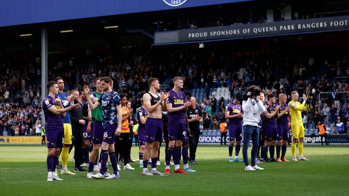 Derby's players saluted their supporters after the match at Loftus Road