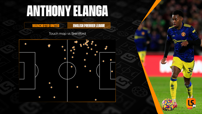 Anthony Elanga's touch map in the 3-1 win at Brentford