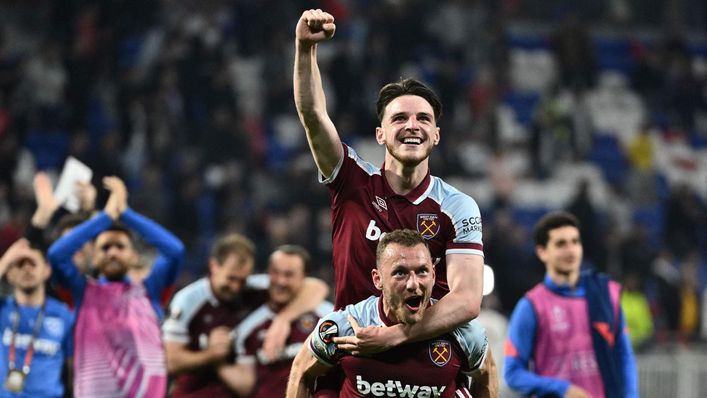 West Ham's Declan Rice and Vladimir Coufal celebrate victory over Lyon in the Europa League semi-finals