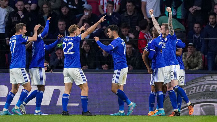Leicester celebrate Ricardo Pereira's winner against PSV in the Europa Conference League quarter-finals