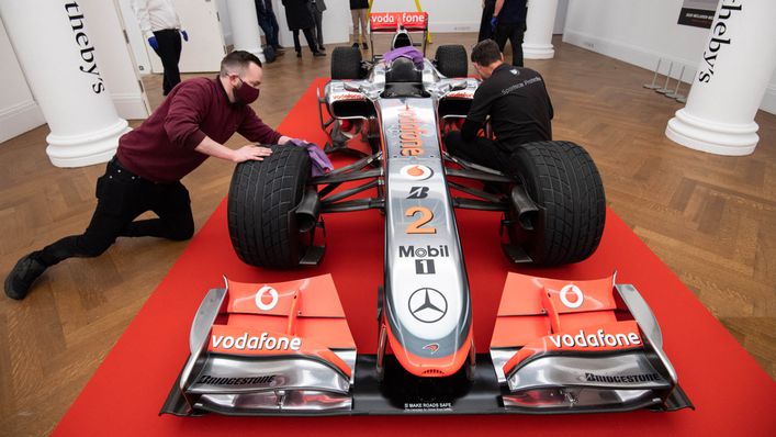 Lewis Hamilton's 2010 McLaren MP4-25A arriving at Sotheby's on Tuesday