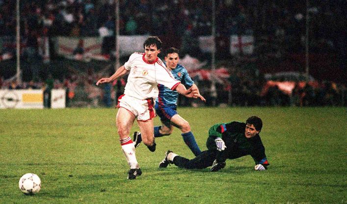 Mark Hughes scored twice to help Manchester United beat former club Barcelona in the European Cup Winners' Cup in 1991