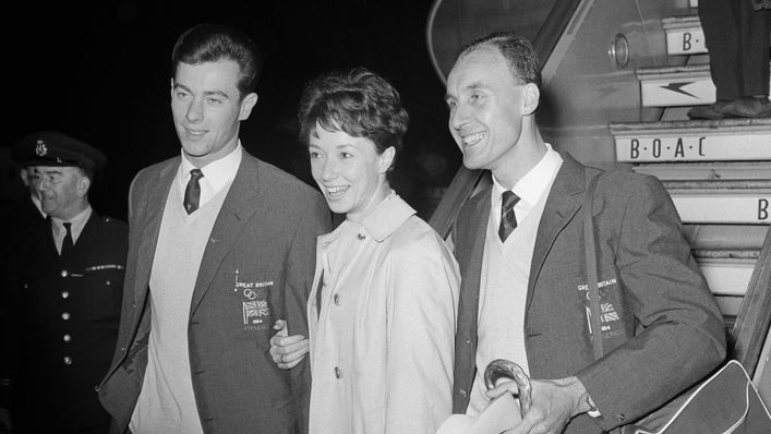 Three of Great Britain's 1964 gold medal winners, Lynn Davies, far left, Ann Packer, centre, and Ken Matthews