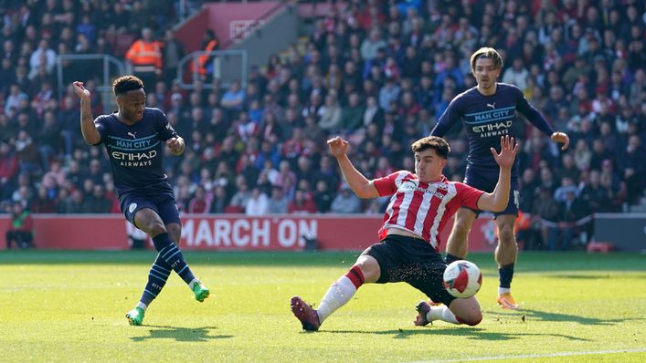 Raheem Sterling sweeps home Manchester City's opener against Southampton