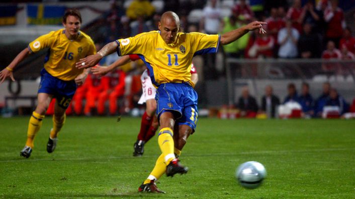 Henrik Larsson scores from the penalty spot to pull Sweden level