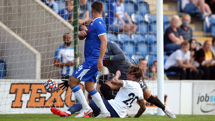 Dele Alli chests home Tottenham's third goal during the 3-0 friendly win at League Two Colchester