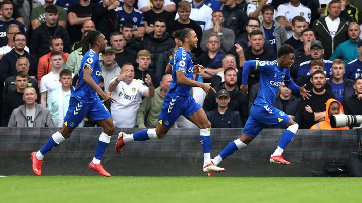 Demarai Gray (right) wheels away in celebration after scoring his first Everton goal