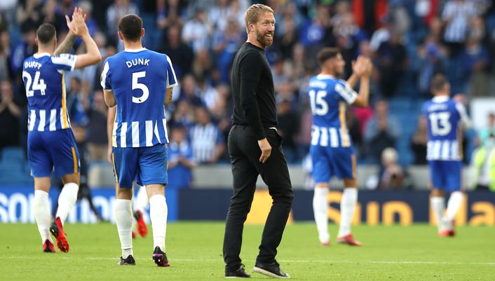 Graham Potter celebrates a job well done in front of a packed Amex Stadium