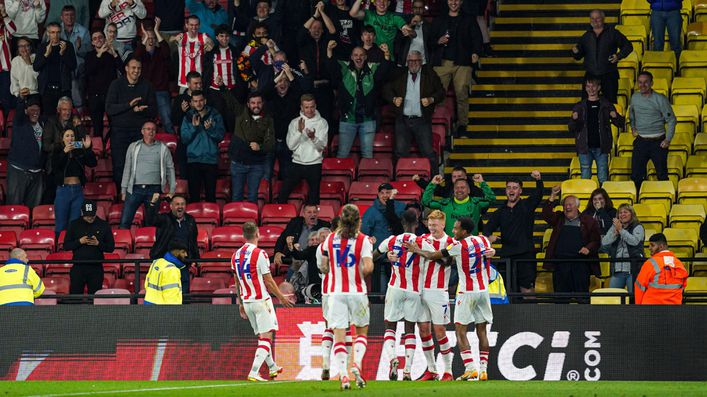 Sam Clucas (second from right) celebrates scoring Stoke's second goal of the game in front of the travelling fans