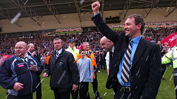 Bryan Robson celebrates an improbable escape from relegation on the final day of the season