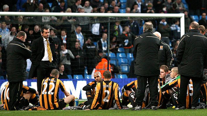 Phil Brown's controversial on-pitch team talk is one of the most iconic moments from Hull's time in the top flight