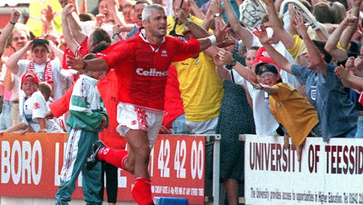 Fabrizio Ravanelli celebrates with adoring Middlesbrough fans on his stunning debut