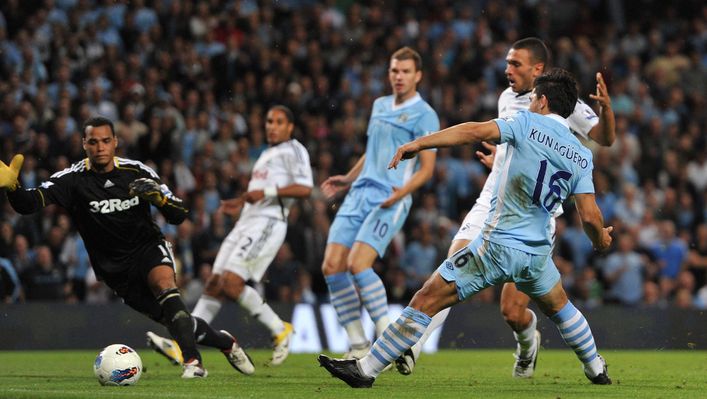 Sergio Aguero needed just 10 minutes to open his Manchester City account on debut