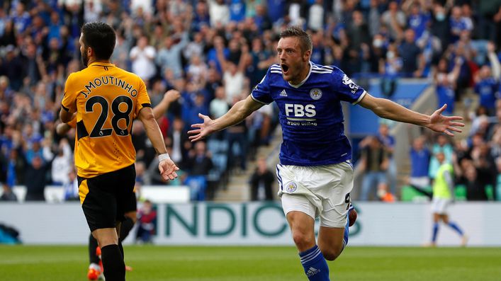 Jamie Vardy celebrates his goal against Wolves as he continues to show no signs of slowing down