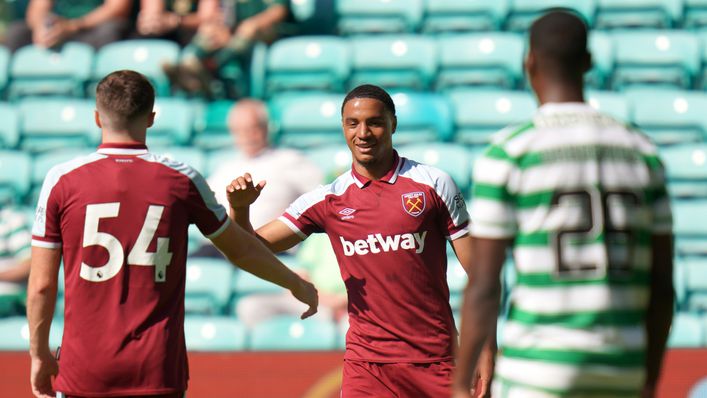 Armstrong Okoflex celebrates scoring West Ham's sixth goal just weeks after signing from Celtic