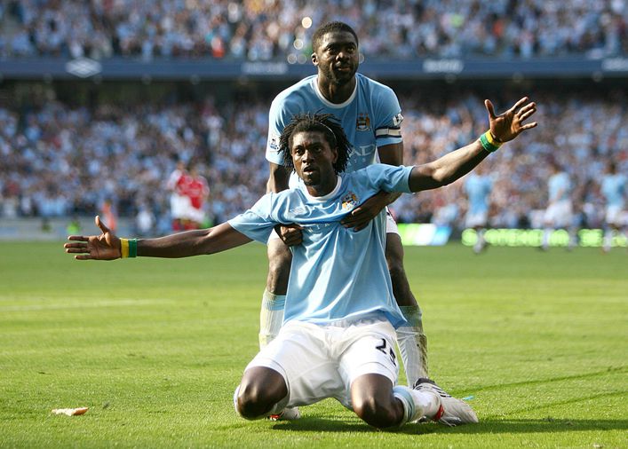 Emmanuel Adebayor ran the length of the pitch to celebrate after scoring against Arsenal in 2009