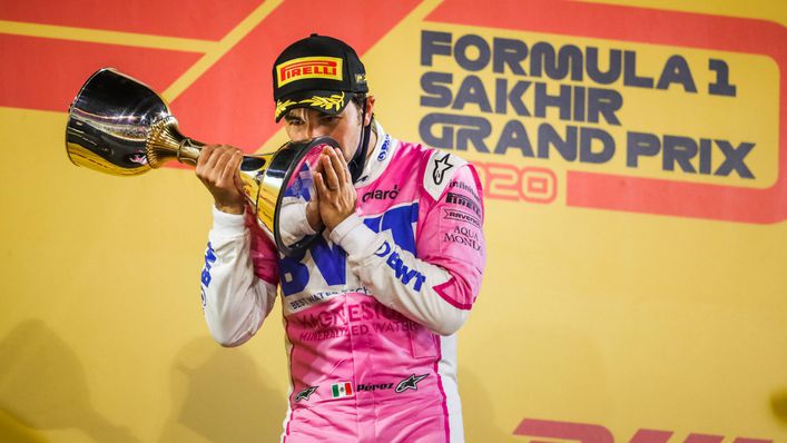 Sergio Perez celebrates winning the 2020 Sakhir Grand Prix at the Bahrain International Circuit