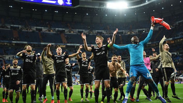 Ajax celebrate their stunning 4-1 victory over Real Madrid at the Bernabeu