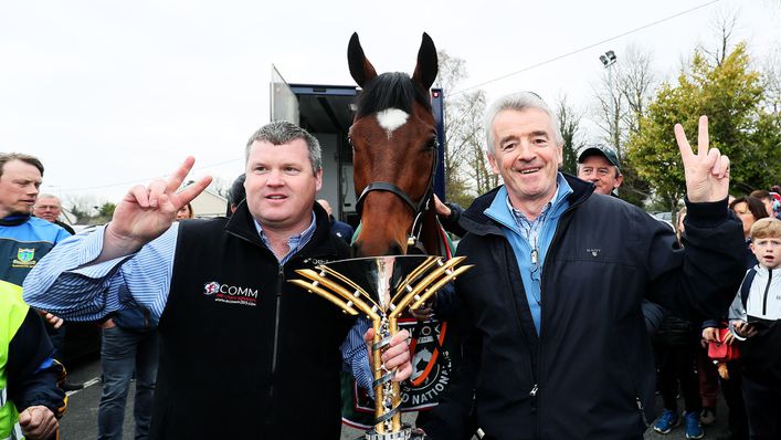 Michael O'Leary (right) celebrating Tiger Roll's Grand National win in 2019 alongside trainer Gordon Elliott